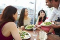 Three Female Friends Enjoying Lunch At Rooftop Restaurant