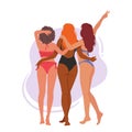 Three Female Friends In Swimsuits Standing Together On Beach View From Behind. Image Promoting Beachwear Royalty Free Stock Photo