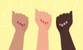 Three female hands of different skin colors are raised up. Flat cartoon vector illustration isolated on yellow background. Symbol Royalty Free Stock Photo