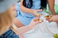 Three female hands with glasses of white wine. Toast, congratulations on an outdoor picnic. The concept of relaxation Royalty Free Stock Photo