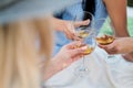 Three female hands with glasses of white wine. Toast, congratulations on an outdoor picnic. The concept of relaxation Royalty Free Stock Photo