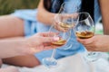 Three female hands with glasses of white wine. Toast, congratulations on an outdoor picnic. The concept of relaxation Royalty Free Stock Photo