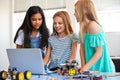 Three Female Students Building And Programing Robot Vehicle In After School Computer Coding Class Royalty Free Stock Photo