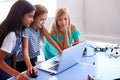 Three Female Students Building And Programing Robot Vehicle In After School Computer Coding Class Royalty Free Stock Photo