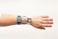 Three female wristwatches on hand Royalty Free Stock Photo