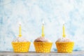 Three festive cupcakes in paper cups with yellow candles with birthday flame on light blue background Royalty Free Stock Photo