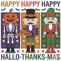 Three nutcrackers are lined up, each representing a different holiday: Halloween, Thanksgiving, and Christmas Royalty Free Stock Photo