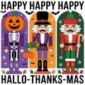 Three nutcrackers are lined up, each representing a different holiday: Halloween, Thanksgiving, and Christmas Royalty Free Stock Photo