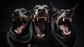 Three vicious doberman snarl, whilst held by chains