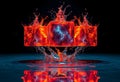 Three fiery, glowing cubes hover above a rippling water surface. Royalty Free Stock Photo