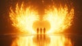 ethereal journey: three figures silhouetted against radiant wings of light, walking on a reflective surface towards a bright horiz Royalty Free Stock Photo