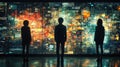 Three figures stand before a large, glowing, interactive world map filled with data streams and information