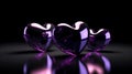 Three figurines of glass purple hearts, generative AI.