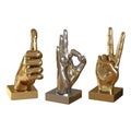 Three figurines of a hand showing various gestures on a white background. 3d rendering