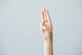 Three finger salute on grey background