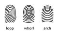 Three fingerprint types on white background. Loop, whorl, arch patterns Royalty Free Stock Photo