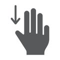 Three fingers drag down glyph icon, gesture and hand, scroll down sign, vector graphics, a solid pattern on a white