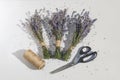 Three finished lavender bundles with scissors and a roll of twine on white, top view Royalty Free Stock Photo