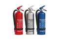 Three fire extinguishers in red, silver, and blue colors standing upright on a white background Royalty Free Stock Photo