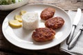 Three fish cutlet on white plate with rice Royalty Free Stock Photo