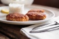 Three fish cutlet on white plate with rice Royalty Free Stock Photo