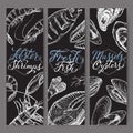 Three fish and seafood labels with sketches and brush calligraphy