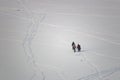 Three fishermen are on the ice in winter