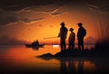 Three fishermen are standing on the shore of a reservoir with fishing rods and waiting for a bite, silhouettes are