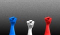 Three fists in the air with the colors of France flag