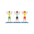 Three fitness women workout with dumbbells. Cute young girls in gym. Active lifestyle. Cartoon people in sportswear Royalty Free Stock Photo