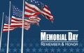 three Flags of United States of America being waved in the breeze against a sunset sky and the text Memorial Day, Remember and Royalty Free Stock Photo