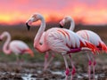 Three flamingos standing in a muddy area at sunset Royalty Free Stock Photo