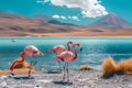 Three flamingos standing on the shore of a lake, showcasing their graceful and vibrant plumage, A group of flamingos by a crystal Royalty Free Stock Photo