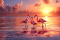 Three flamingos in the water at sunset. Generative AI Royalty Free Stock Photo