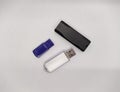 three flash drives. three USB flash drives on a white background top view