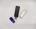 three flash drives. three USB flash drives on a white background top view
