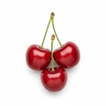 three flawless red cherries with stems, rendered for a perfect clipping path cutout on a white background Royalty Free Stock Photo