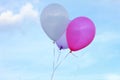 Three Floating balloons on the blue sky. pink balloon. purple balloon. violet balloon. white balloon. Royalty Free Stock Photo