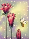 Three flowers and bee greeting card Royalty Free Stock Photo