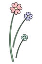 Three flowers. Blooming petals. Set of flowering plants of different colors. Cartoon style