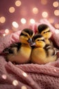 Three Adorable Baby Ducklings Huddled Together in Pink Knitted Blanket with Bokeh Lights Royalty Free Stock Photo