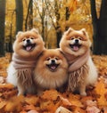 three fluffy ginger cute spitz dogs dressed in knitted scarves sitting in an autumn park walking on fallen leaves ai generated