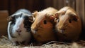 Three fluffy guinea pigs sitting in a row, looking cute generated by AI