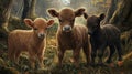 Three Fluffy Highland Calves in an Autumn Forest
