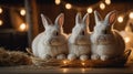 Three adorable white bunnies nestled together in a rustic wicker basket, illuminated by warm fairy l Royalty Free Stock Photo