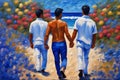 three fluid people walk by hand ,the beach, romantic, open mixed race gender love relationship paint Royalty Free Stock Photo