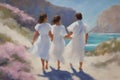 three fluid people walk by hand ,the beach, romantic, open mixed race gender love relationship paint Royalty Free Stock Photo