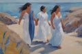 three fluid people walk by hand ,the beach, romantic, open mixed race gender love relationship paint Royalty Free Stock Photo