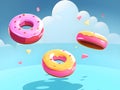 Three flying doughnuts with multicolored glaze. Creative food trend. Levitating food in color of year. Donuts illustration with