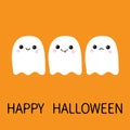 Three flying ghost spirit sad, smiling, showing tongue. Boo. Happy Halloween. Scary white ghosts. Cute cartoon spooky character. S Royalty Free Stock Photo